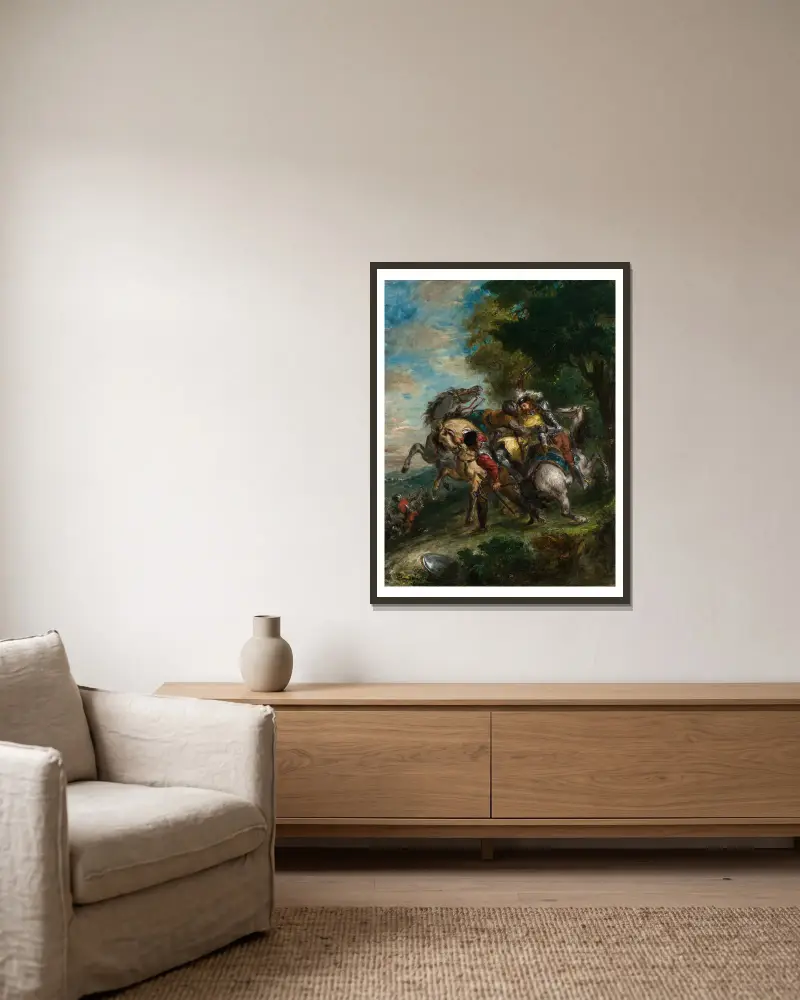 Weislingen tillfångatagen av Götz män av Eugène Delacroix inramad på en vägg