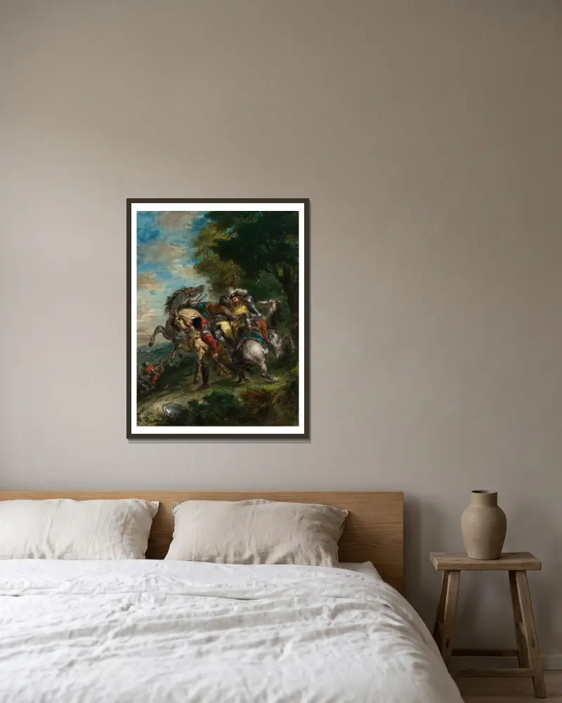 Weislingen tillfångatagen av Götz män av Eugène Delacroix inramad på en vägg