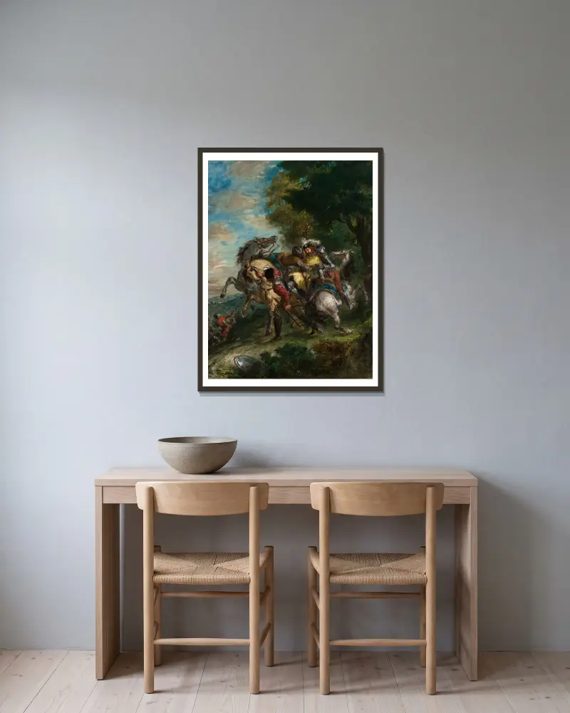 Weislingen tillfångatagen av Götz män av Eugène Delacroix inramad på en vägg