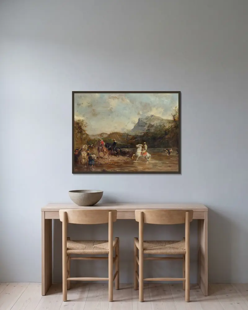 Araber, die eine Furt durchqueren von Eugène Fromentin gerahmt an einer Wand