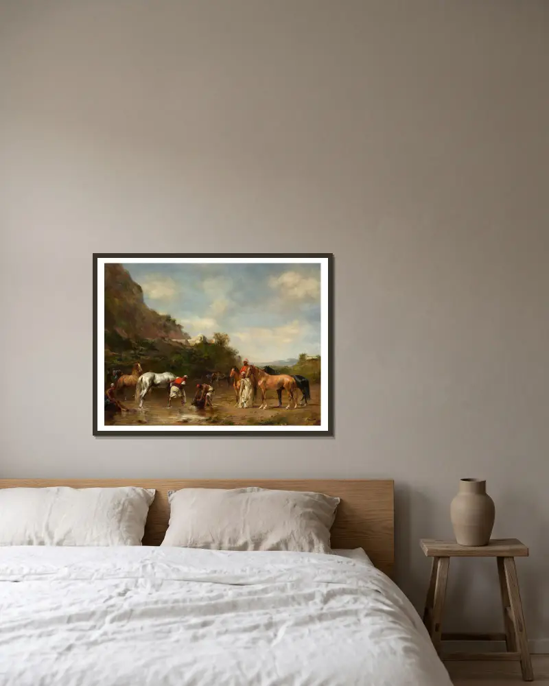 Arabs watering their horses av Eugène Fromentin inramad på en vägg