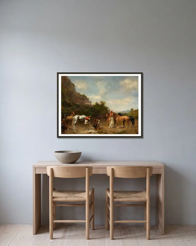 Arabs watering their horses av Eugène Fromentin inramad på en vägg