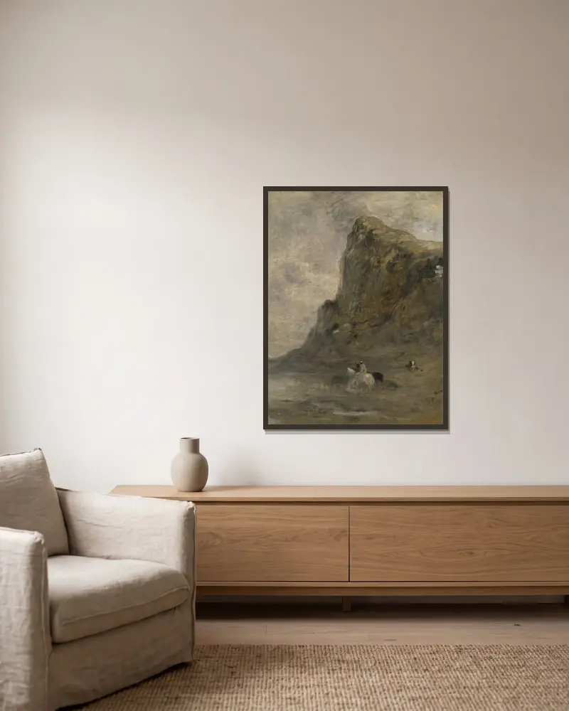 Reiter am Fuße der Chiffa-Felsen von Eugène Fromentin gerahmt an einer Wand