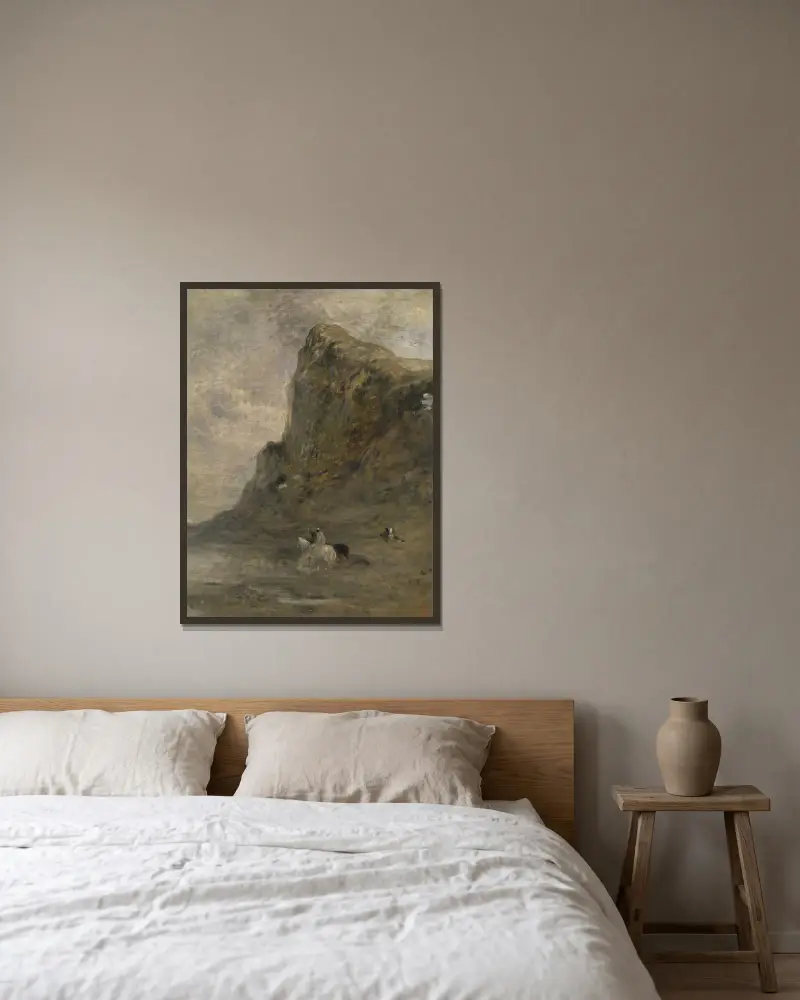 Reiter am Fuße der Chiffa-Felsen von Eugène Fromentin gerahmt an einer Wand
