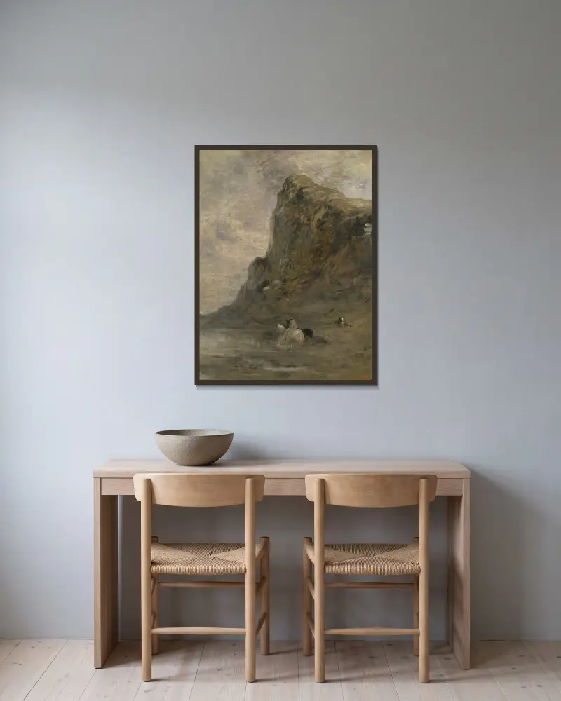 Reiter am Fuße der Chiffa-Felsen von Eugène Fromentin gerahmt an einer Wand