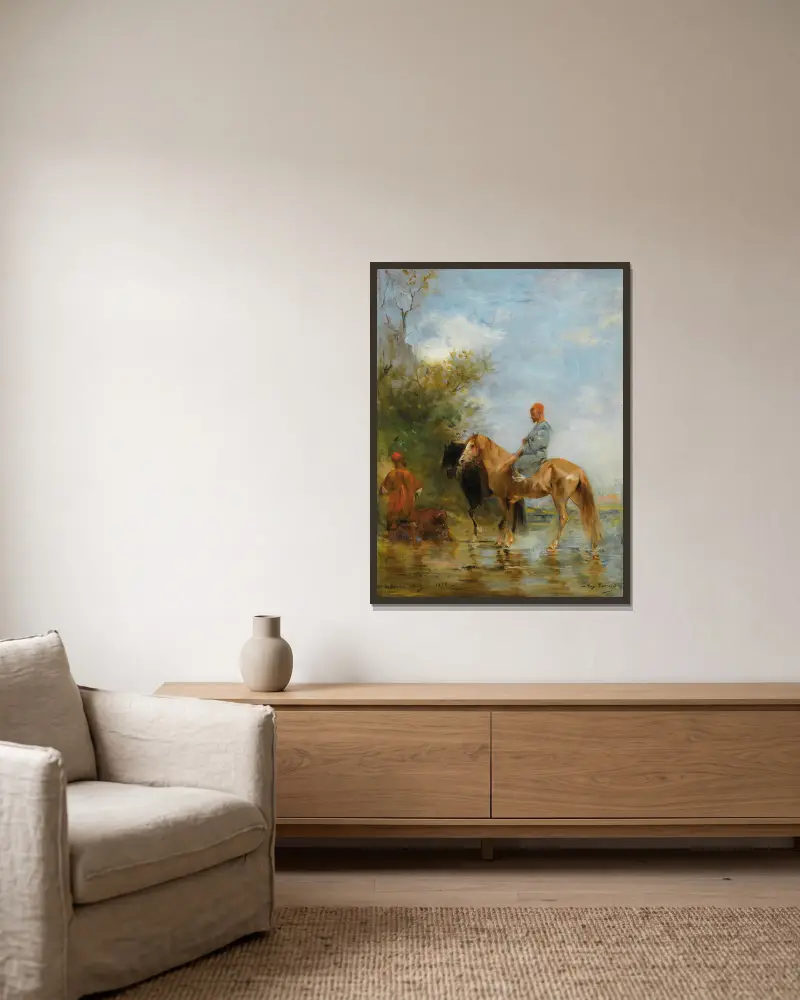 Horsemen By The River av Eugène Fromentin inramad på en vägg