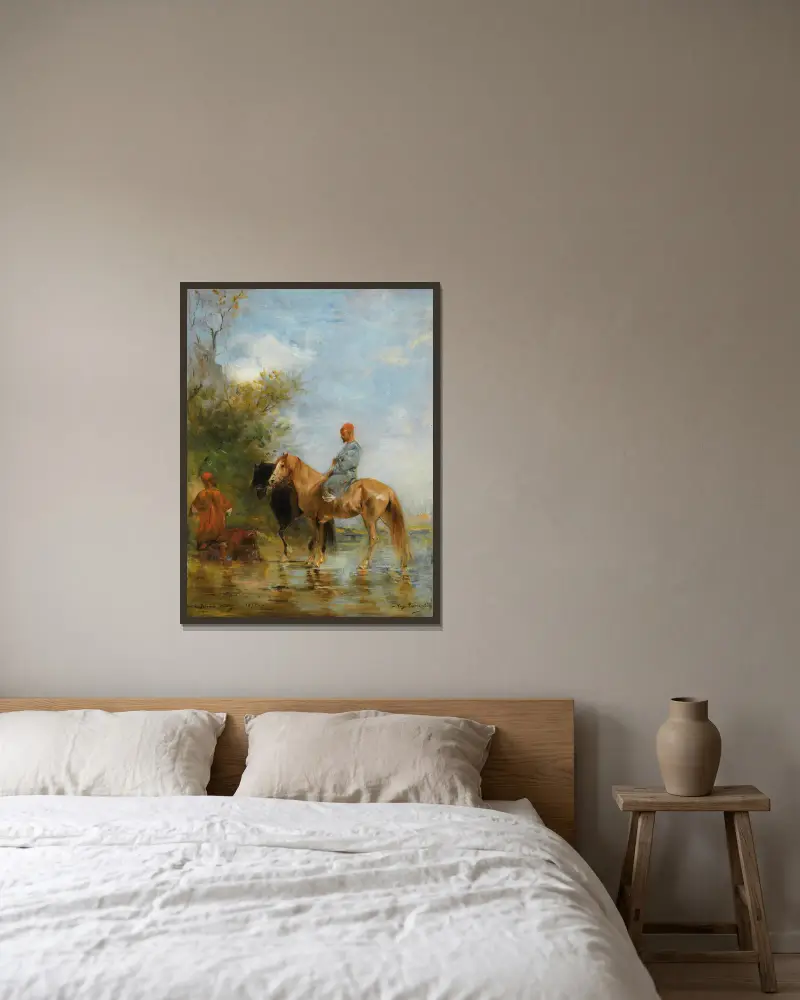 Horsemen By The River av Eugène Fromentin inramad på en vägg