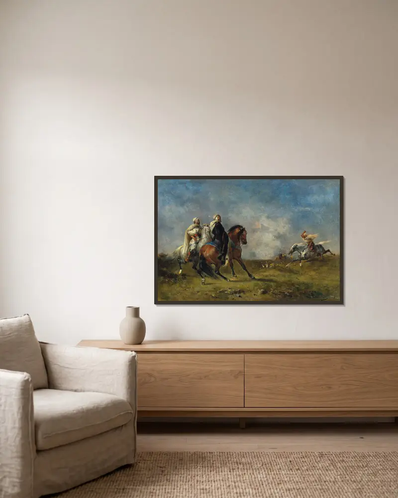 La Chasse À La Gazelle (Hunting Gazelle) av Eugène Fromentin inramad på en vägg