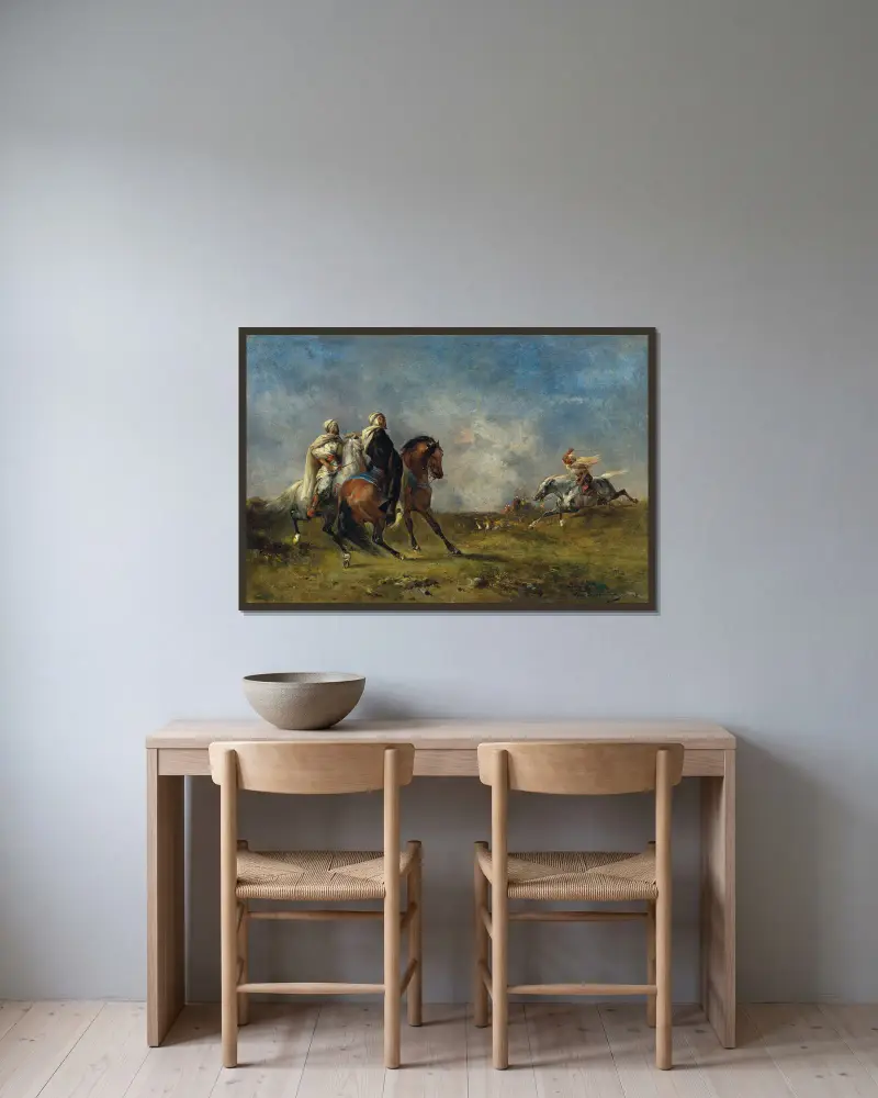 La Chasse À La Gazelle (Hunting Gazelle) av Eugène Fromentin inramad på en vägg