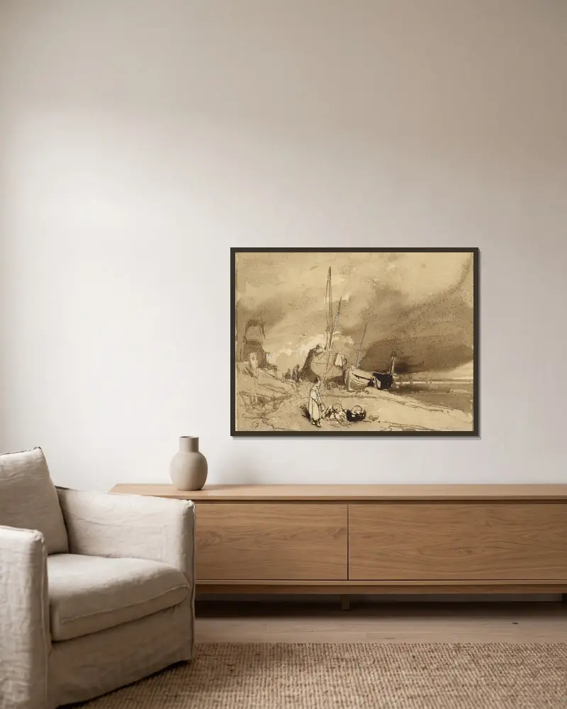 Bord de Plage (Rybářské čluny na pláži, bouřkové mraky v dáli), Eugène Isabey v rámu na stěně