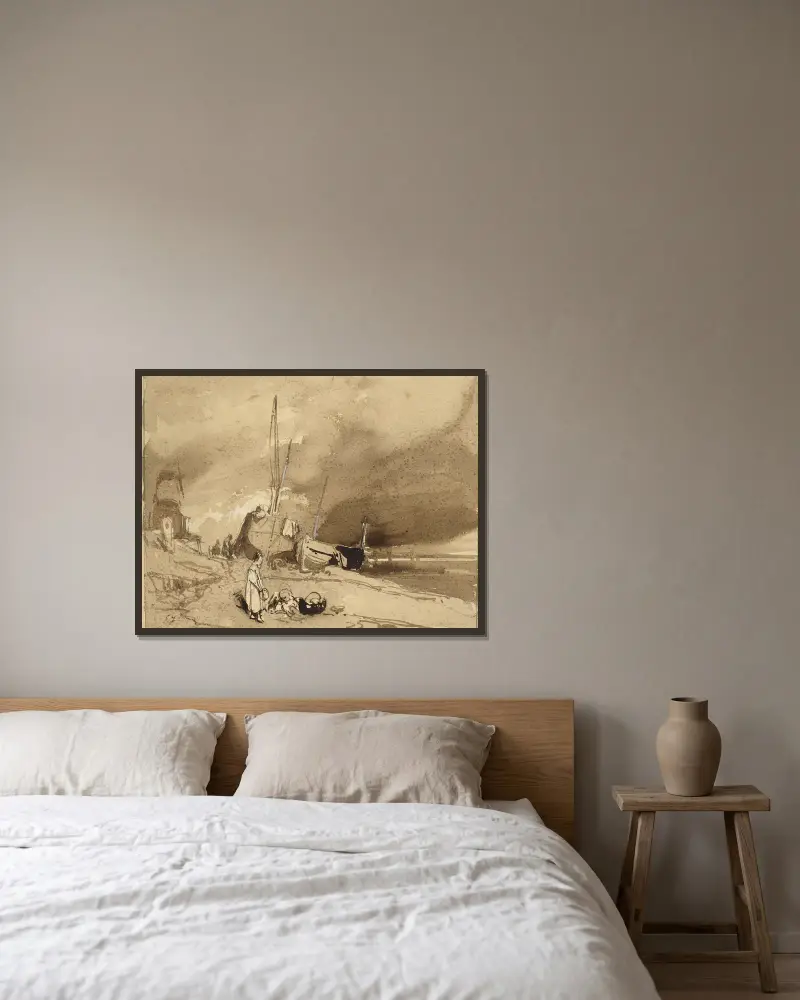Bord de Plage (Rybářské čluny na pláži, bouřkové mraky v dáli), Eugène Isabey v rámu na stěně
