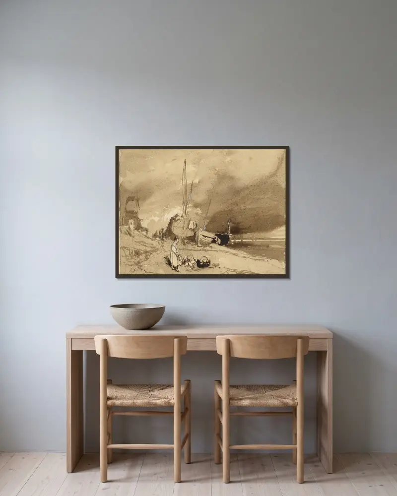 Bord de Plage (Rybářské čluny na pláži, bouřkové mraky v dáli), Eugène Isabey v rámu na stěně