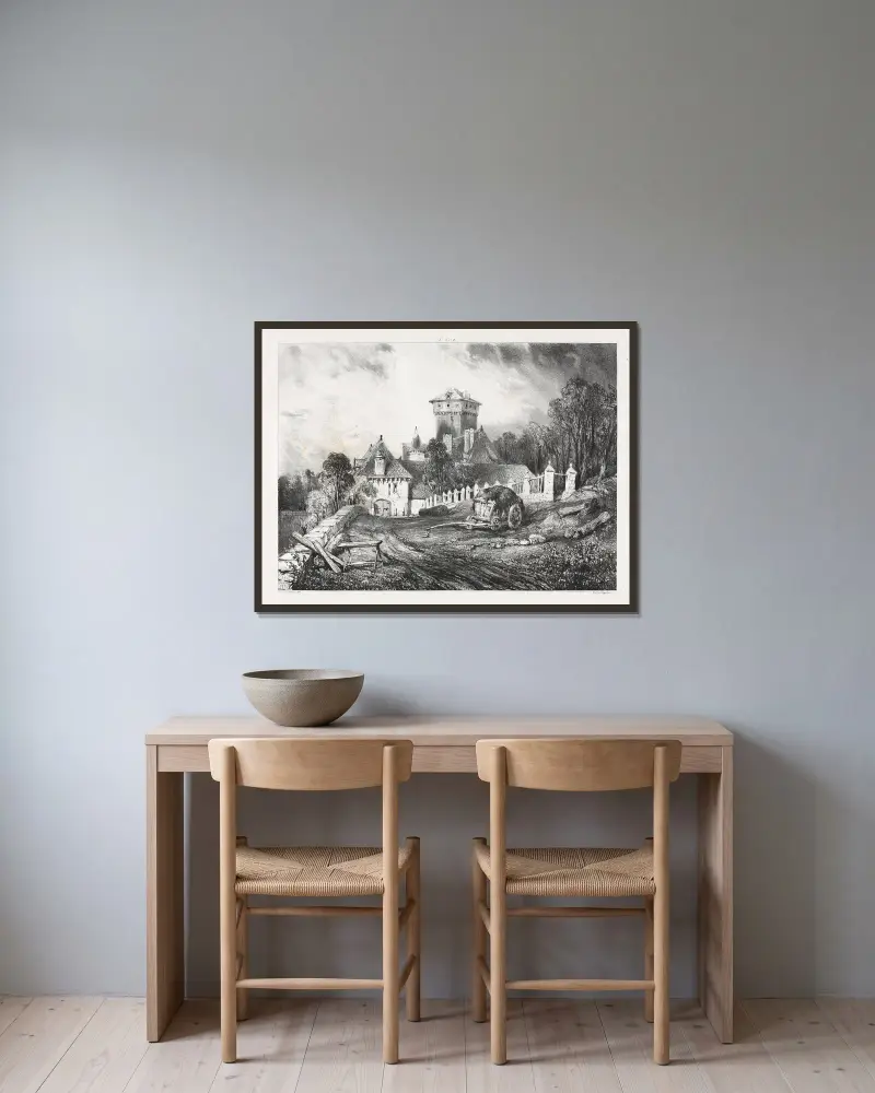 Château de Pesteil à Polminhac av Eugène Isabey inramad på en vägg