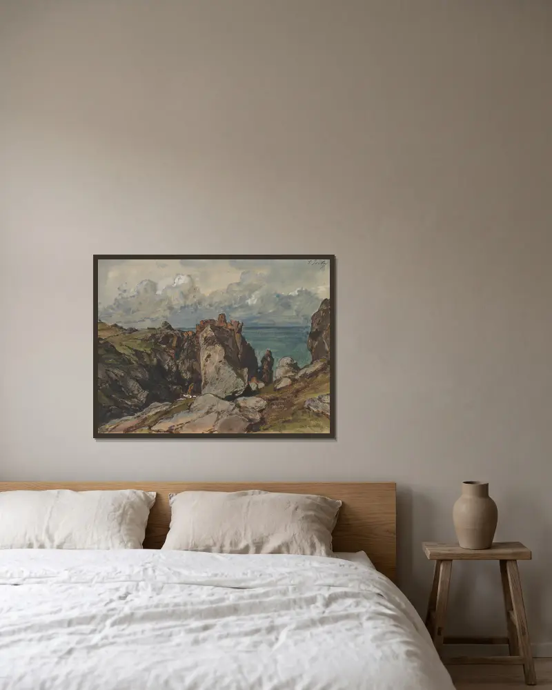 Klippor vid havet vid Cézembre, Bretagne av Eugène Isabey inramad på en vägg
