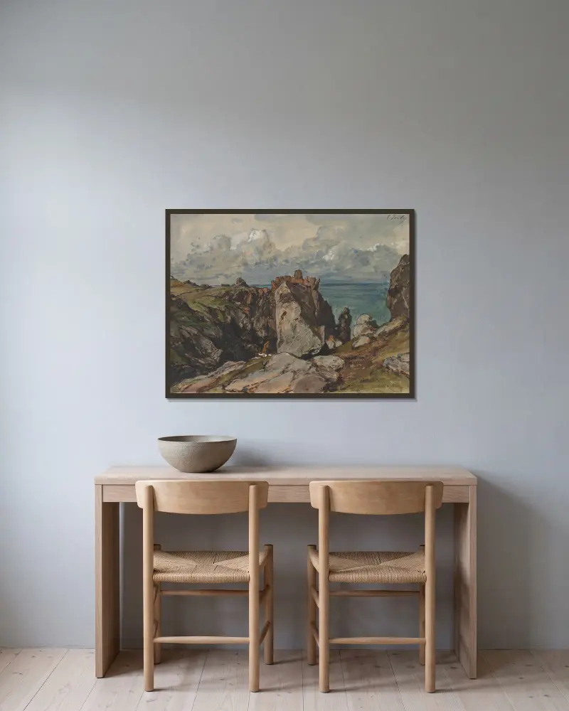 Klippor vid havet vid Cézembre, Bretagne av Eugène Isabey inramad på en vägg