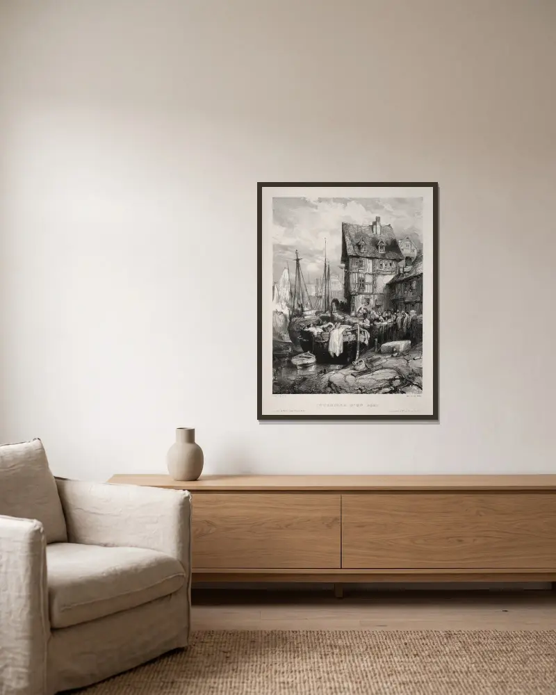 Intérieur d’un port av Eugène Isabey inramad på en vägg