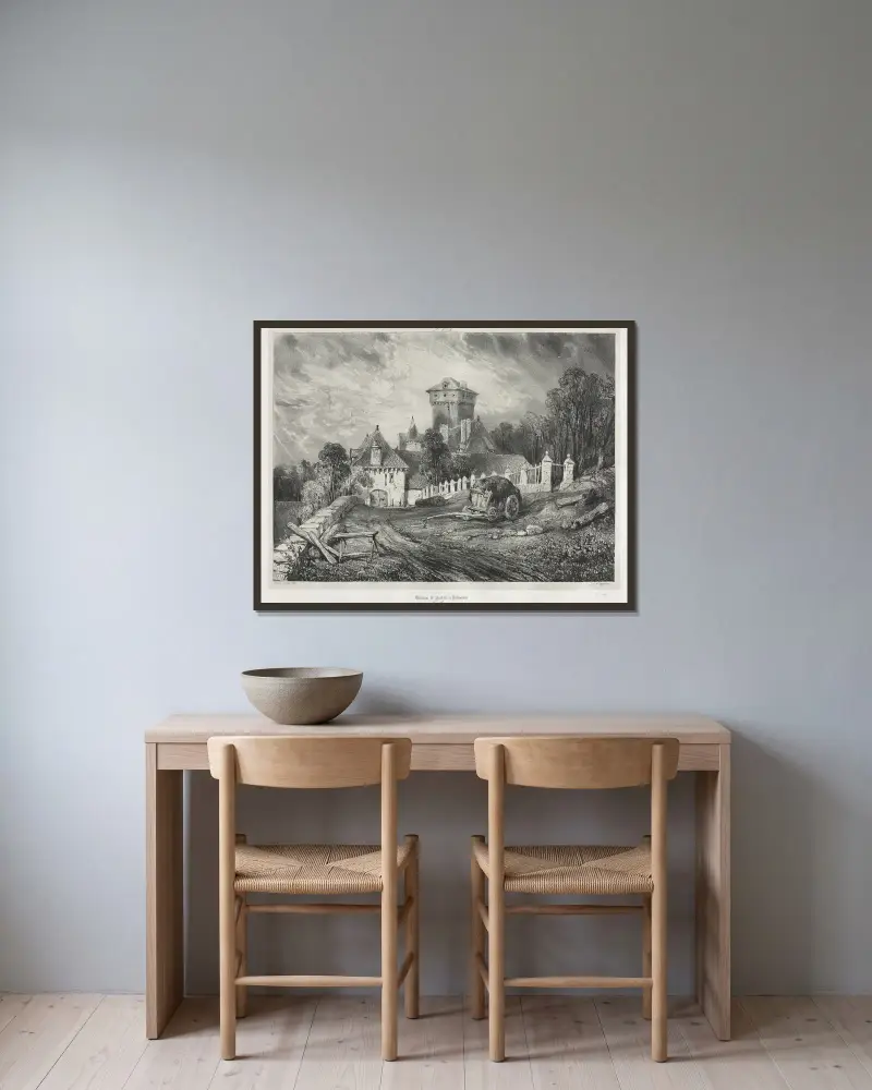 Slottet Pesteil vid Polminhac av Eugène Isabey inramad på en vägg