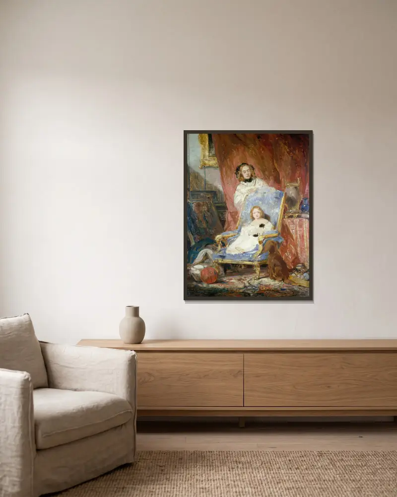 Porträt der Madame Isabey und ihrer Tochter von Eugène Isabey gerahmt an einer Wand