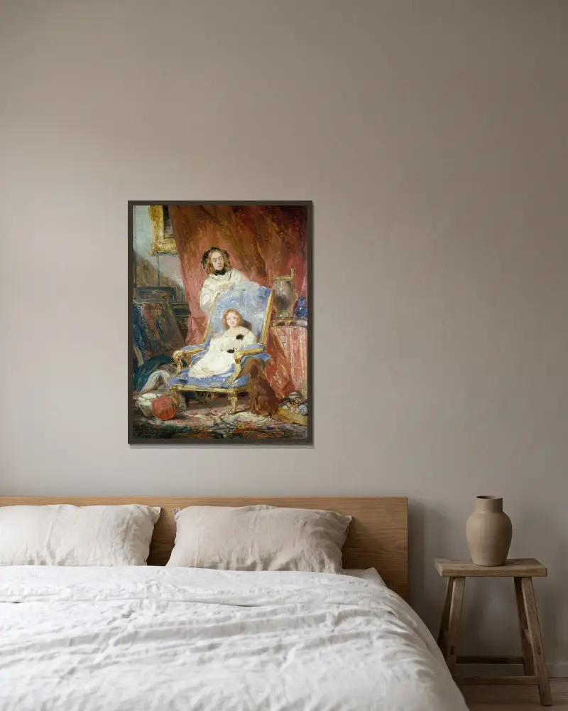 Porträt der Madame Isabey und ihrer Tochter von Eugène Isabey gerahmt an einer Wand