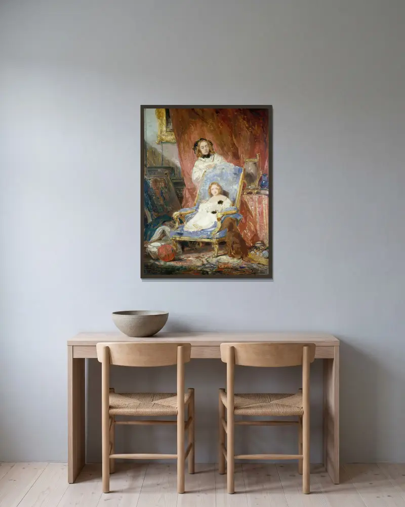 Porträt der Madame Isabey und ihrer Tochter von Eugène Isabey gerahmt an einer Wand