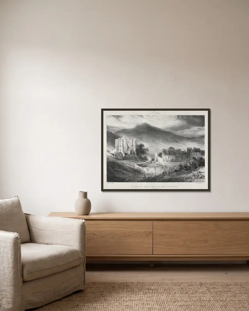 Ruinen des Schlosses und des Dorfes Saint-Nectaire von Eugène Isabey gerahmt an einer Wand