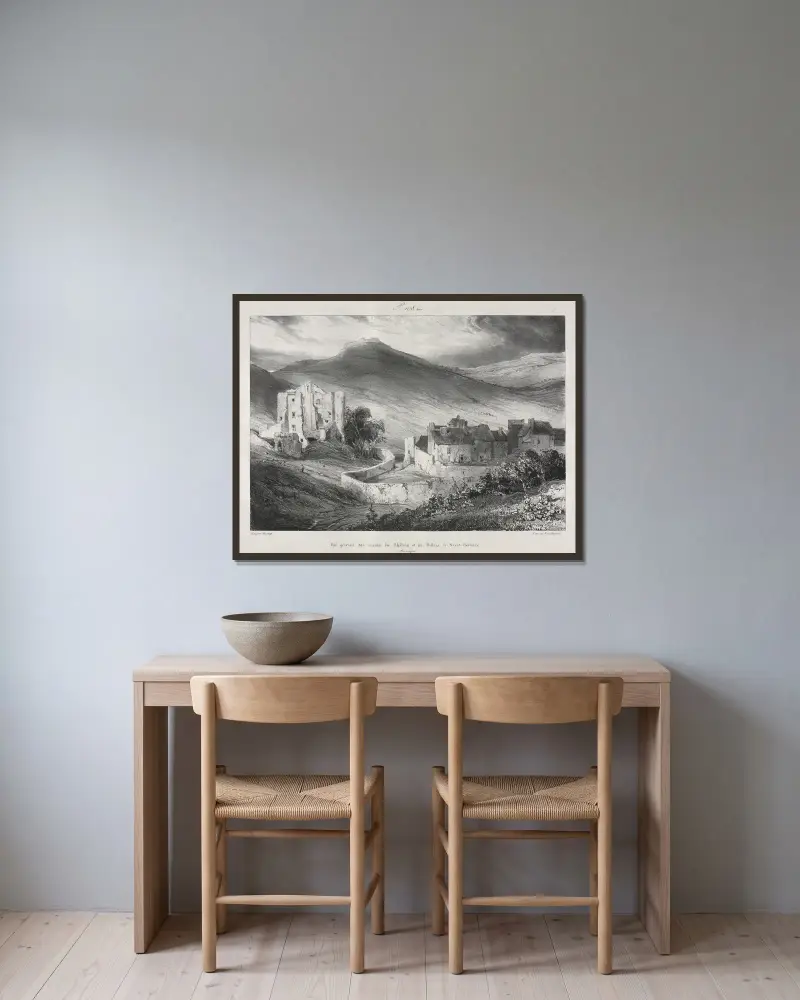 Ruinen des Schlosses und des Dorfes Saint-Nectaire von Eugène Isabey gerahmt an einer Wand