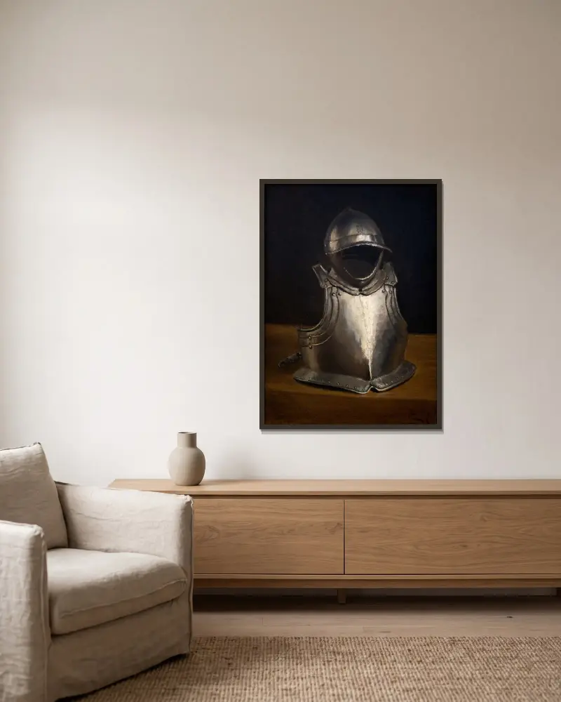 Rüstung und Helm von Eugène Jansson gerahmt an einer Wand