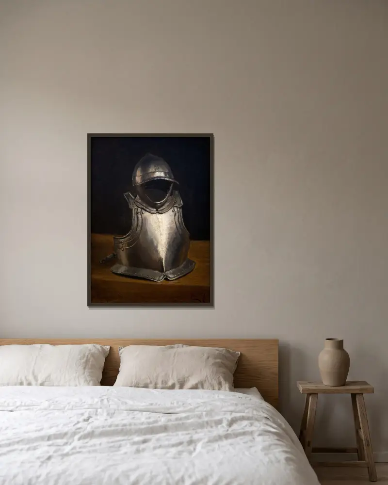 Rüstung und Helm von Eugène Jansson gerahmt an einer Wand