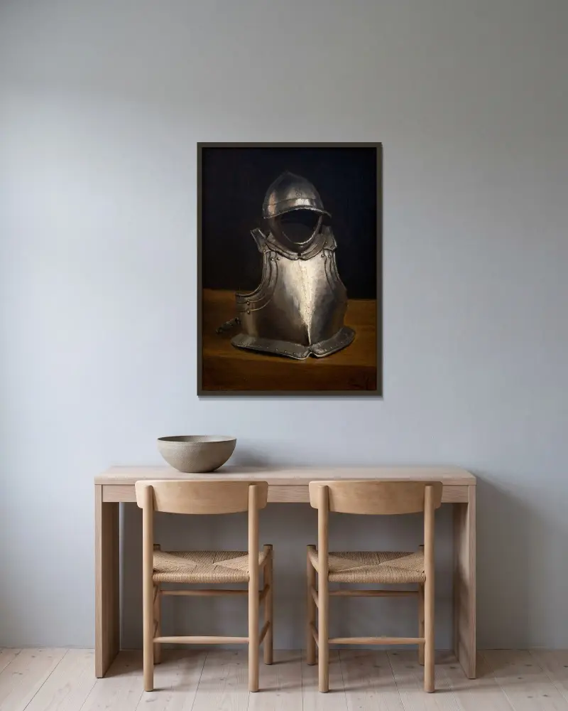 Rüstung und Helm von Eugène Jansson gerahmt an einer Wand