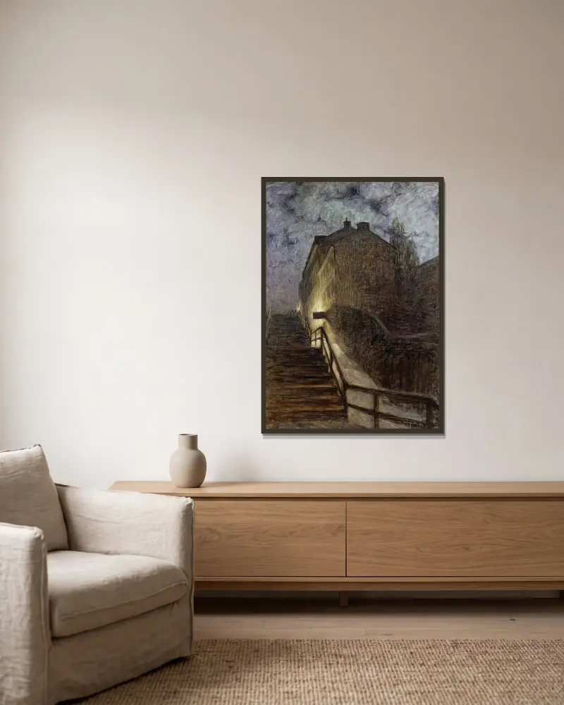 Motiv von der Timmermansgatan von Eugène Jansson gerahmt an einer Wand
