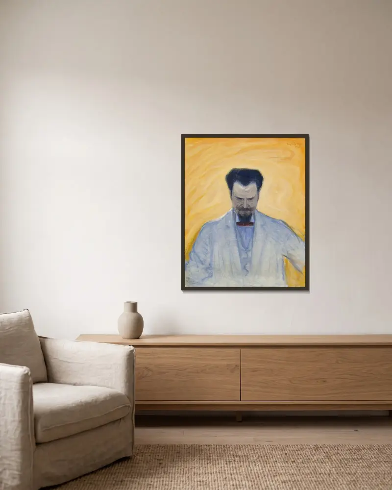 Porträtt av Ernest Thiel av Eugène Jansson inramad på en vägg