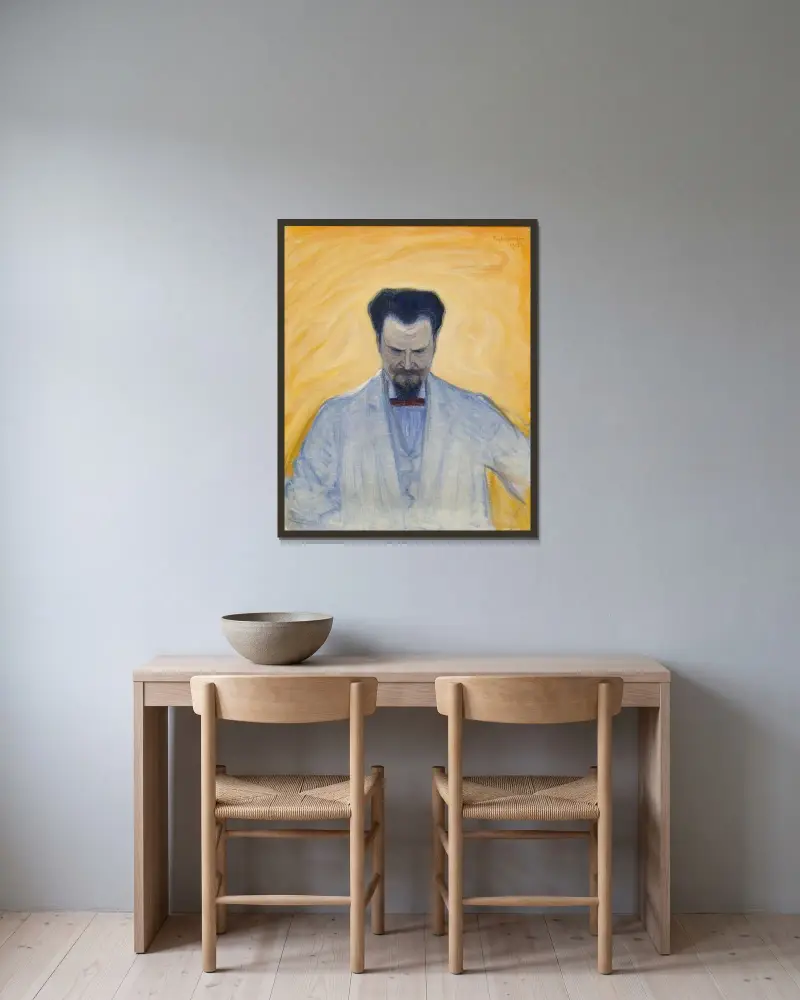 Porträtt av Ernest Thiel av Eugène Jansson inramad på en vägg