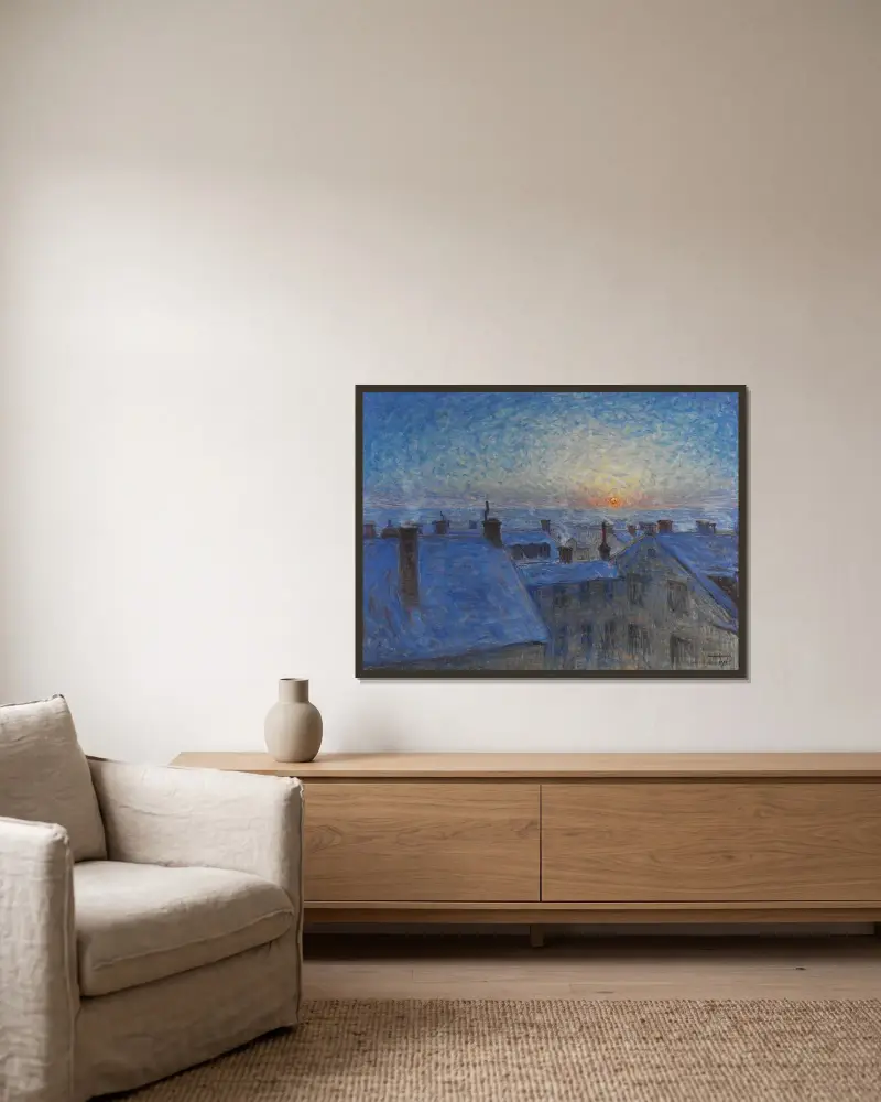 Sunrise over the Rooftops. Motif from Stockholm von Eugène Jansson gerahmt an einer Wand