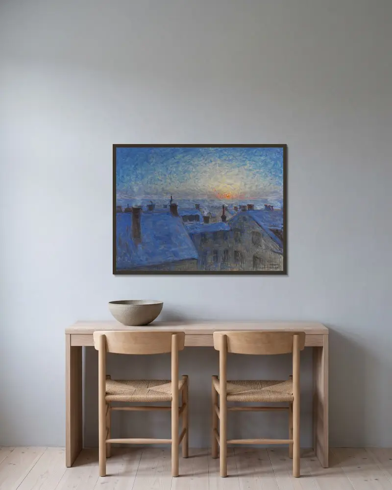 Sunrise over the Rooftops. Motif from Stockholm von Eugène Jansson gerahmt an einer Wand