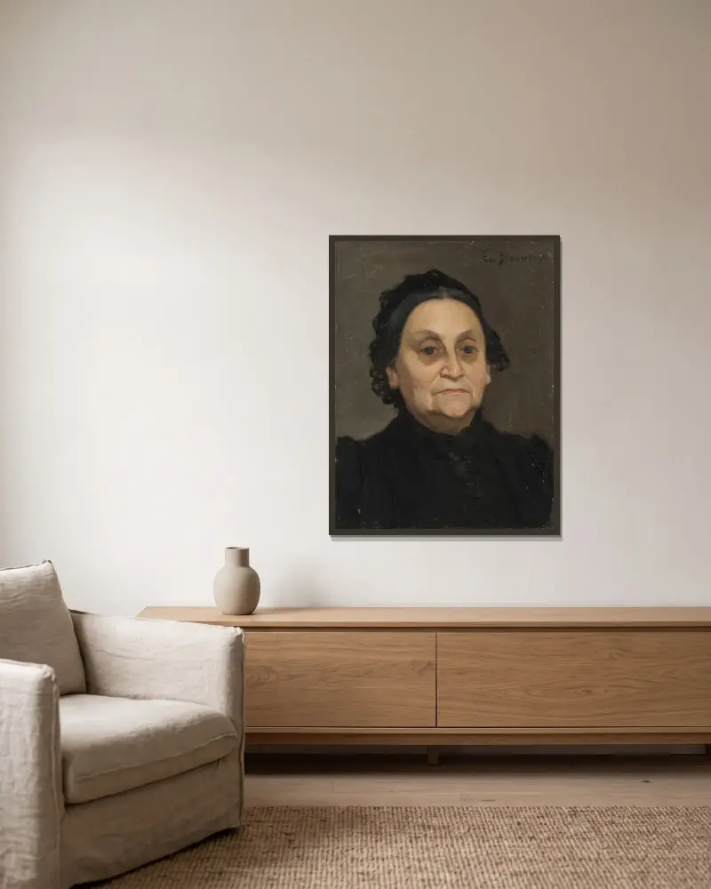 Fru Hilda Schönthal (1824–1892) av Eva Bonnier inramad på en vägg