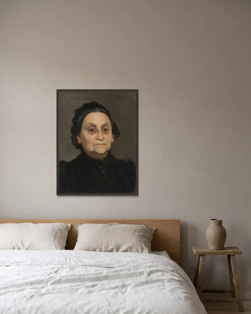 Fru Hilda Schönthal (1824–1892) av Eva Bonnier inramad på en vägg