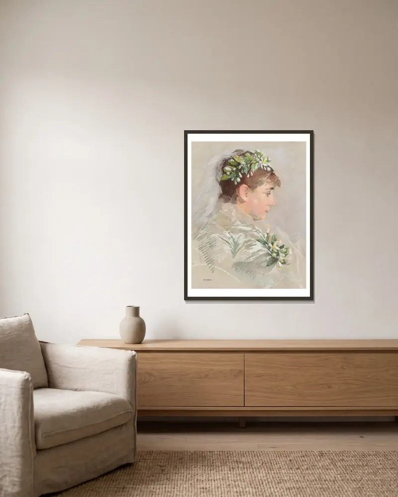 Die Braut (Jeanne Gonzalès) von Eva Gonzalès gerahmt an einer Wand