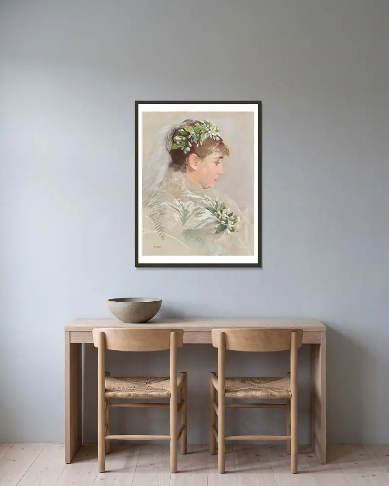Die Braut (Jeanne Gonzalès) von Eva Gonzalès gerahmt an einer Wand