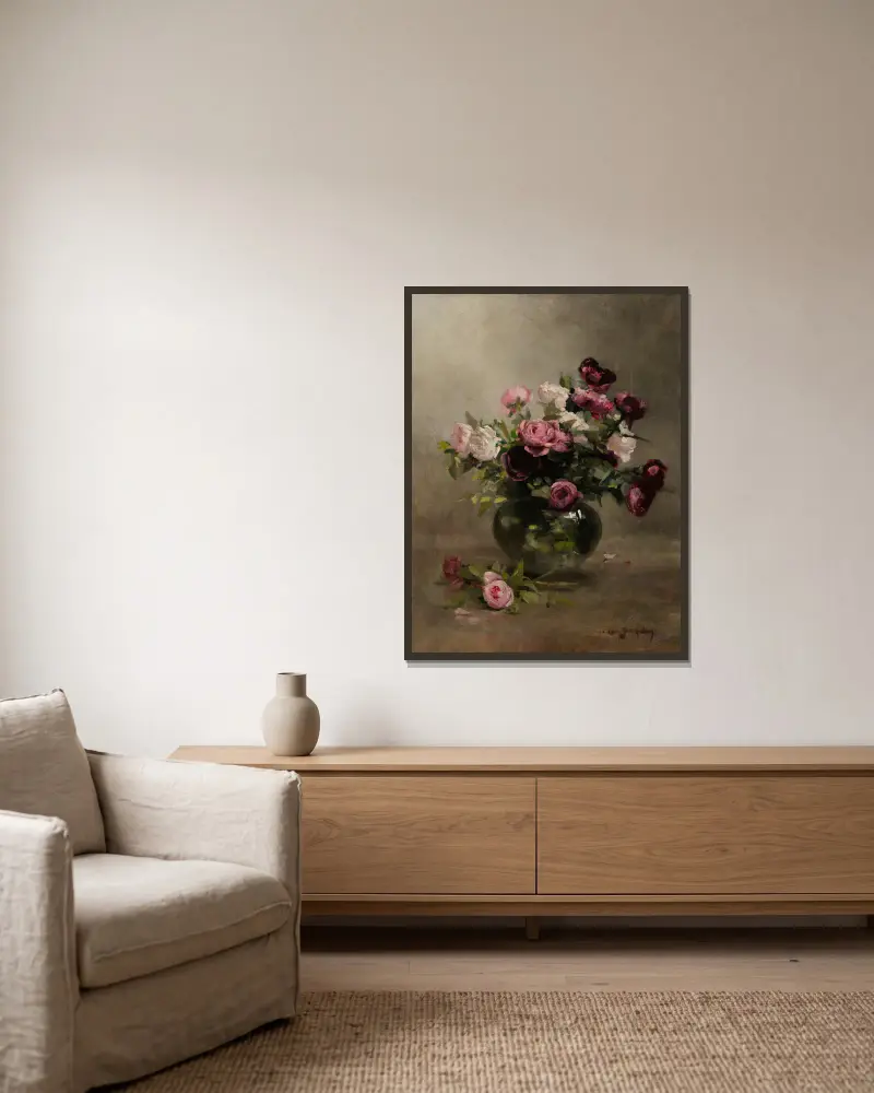Vase mit Rosen von Eva Gonzalès gerahmt an einer Wand