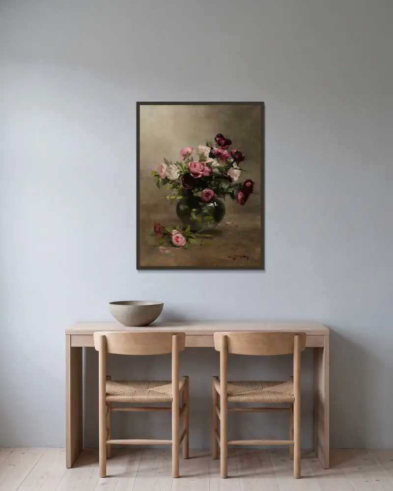Vase mit Rosen von Eva Gonzalès gerahmt an einer Wand