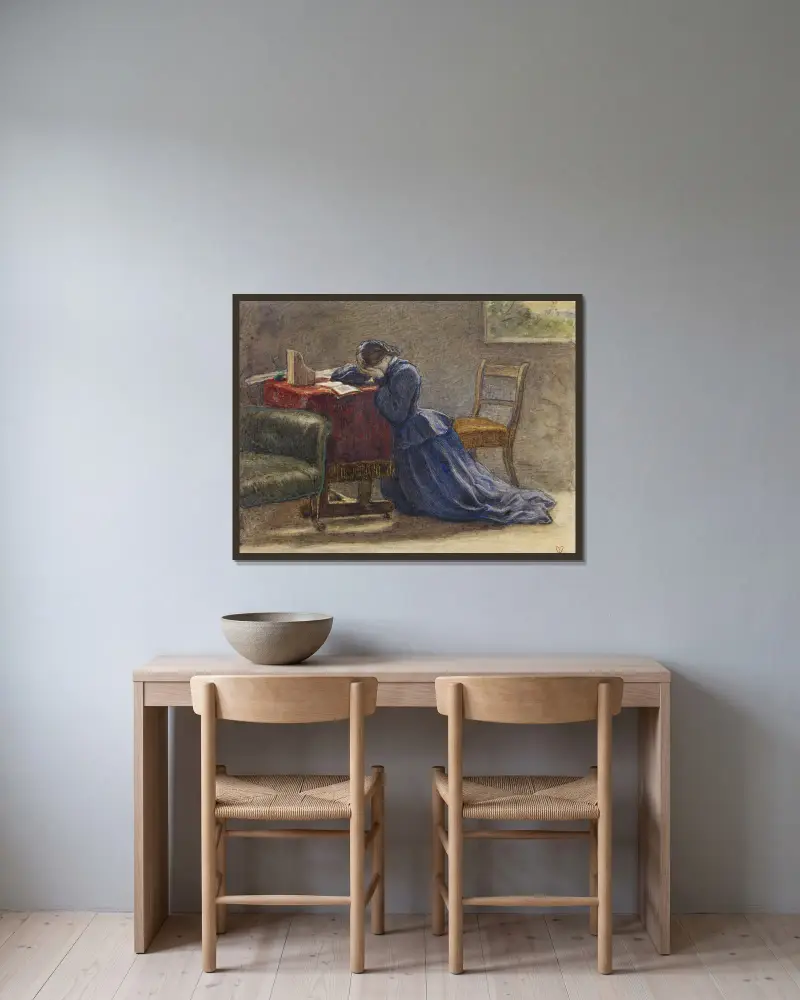 En hustru – med ansiktet i båda händerna knäböjde hon på mattan av Sir John Everett Millais inramad på en vägg
