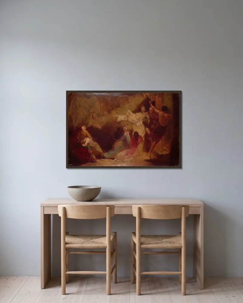 Elgiva gripen på ärkebiskop Odos order av Sir John Everett Millais inramad på en vägg