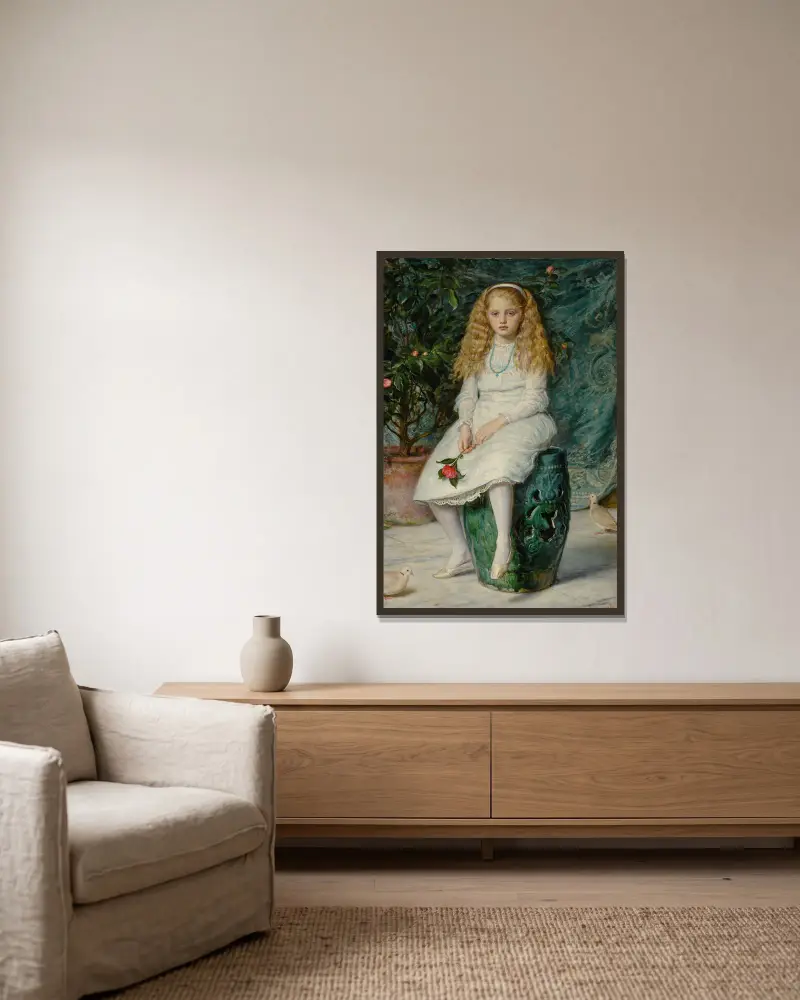 Nina, dotter till Frederick Lehmann av Sir John Everett Millais inramad på en vägg