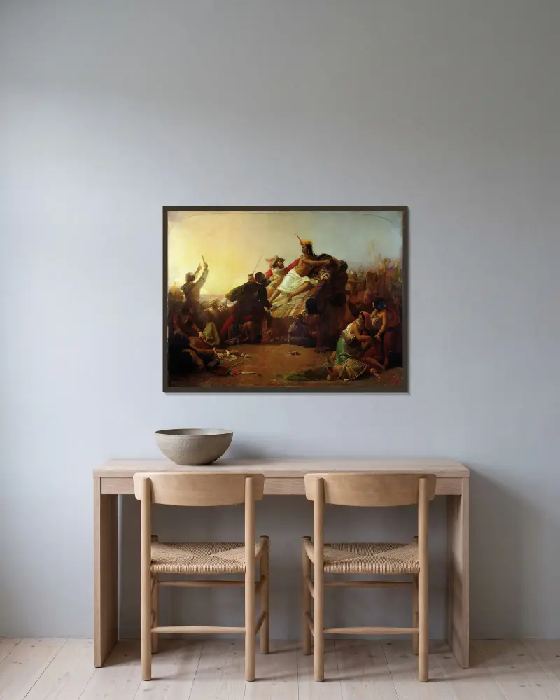 Pizarro griper Perus inkahärskare av Sir John Everett Millais inramad på en vägg
