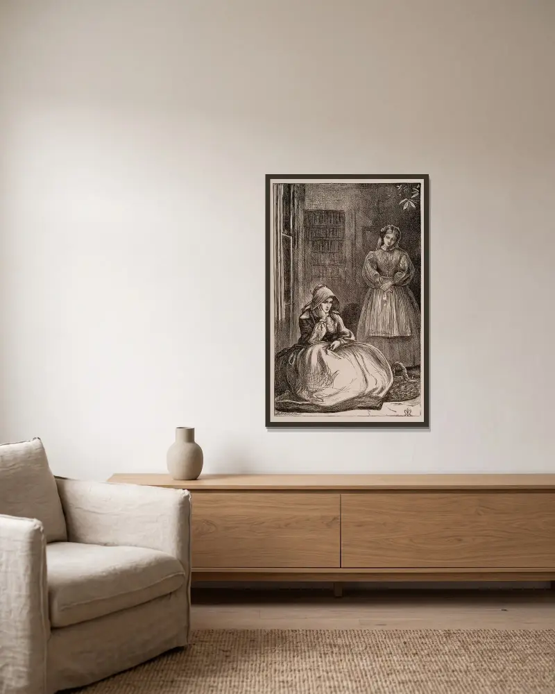 Bitte, gnädige Frau, dürfen wir die Erbsen ausschoten? von Sir John Everett Millais gerahmt an einer Wand