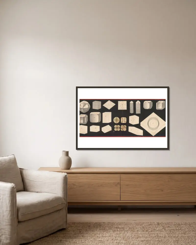 Shapes of crystals, 1886 – nr 2 av J.F. Schreiber inramad på en vägg