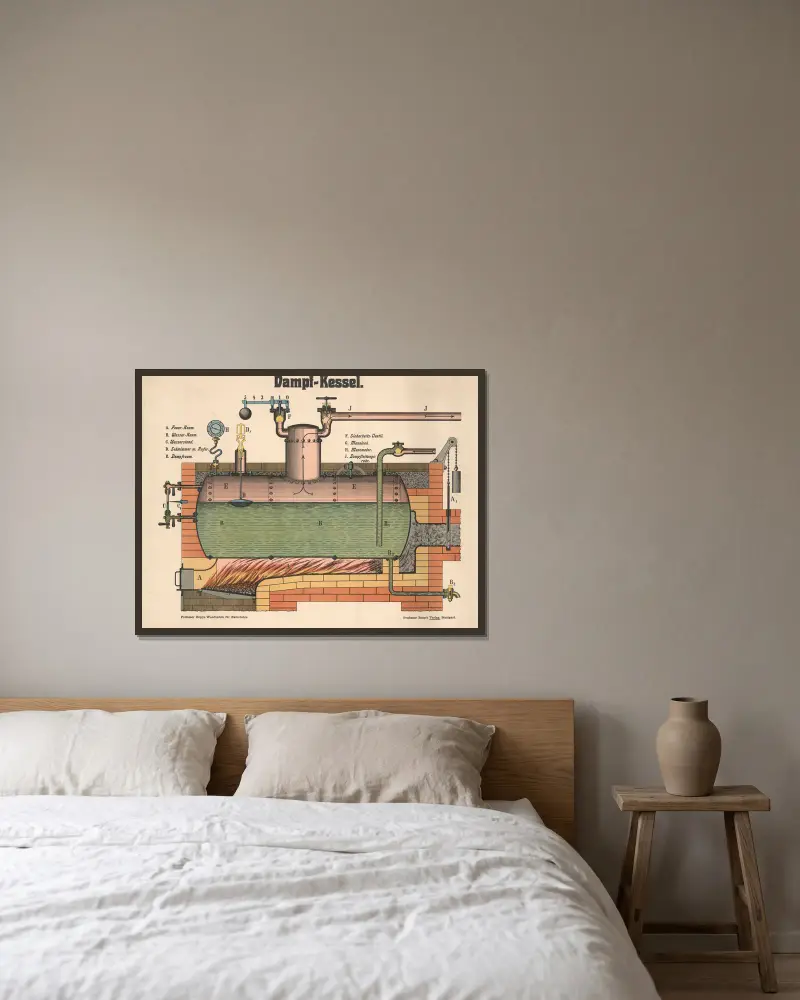 Steam boiler av J.F. Schreiber inramad på en vägg