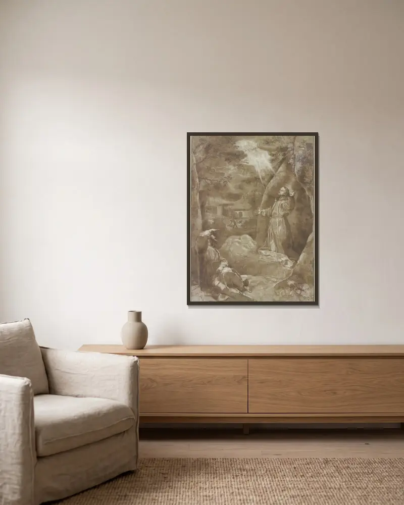 Der Heilige Franziskus empfängt im Beisein Bruder Leos von Assisi die Wundmale von Federico Barocci gerahmt an einer Wand