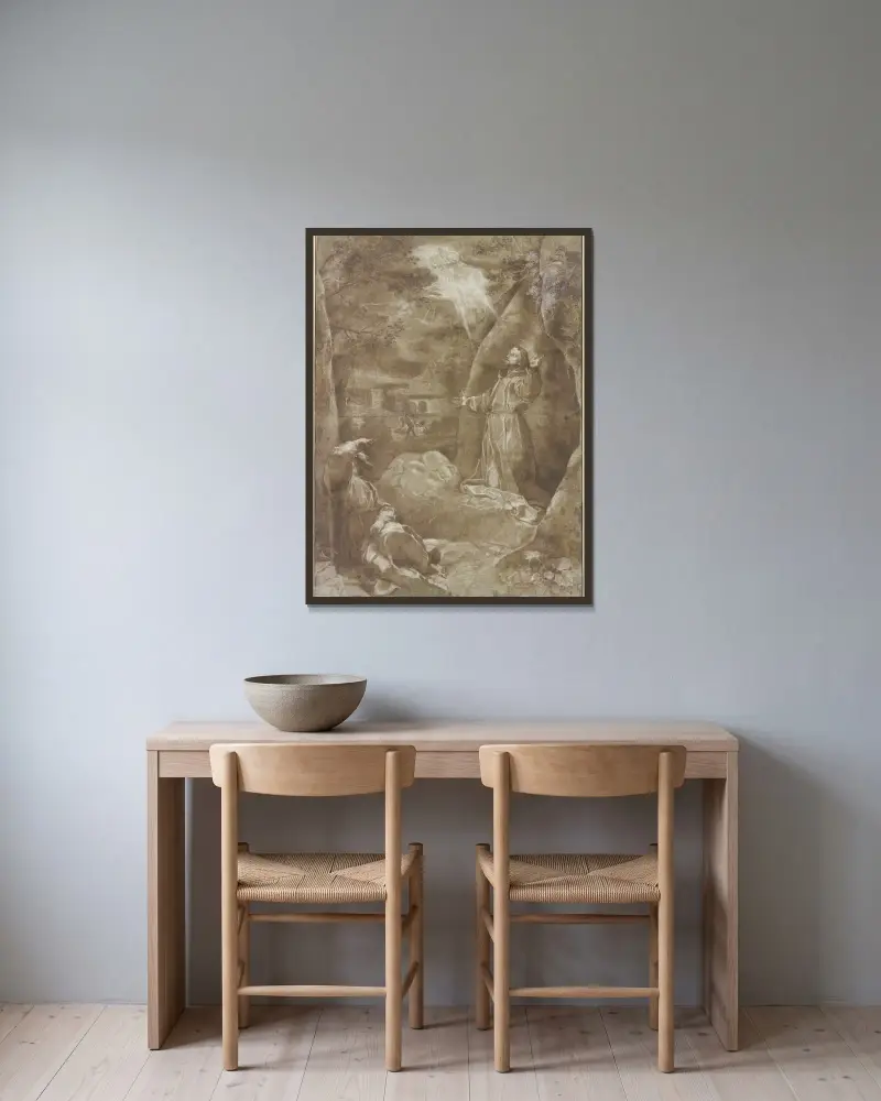 Der Heilige Franziskus empfängt im Beisein Bruder Leos von Assisi die Wundmale von Federico Barocci gerahmt an einer Wand