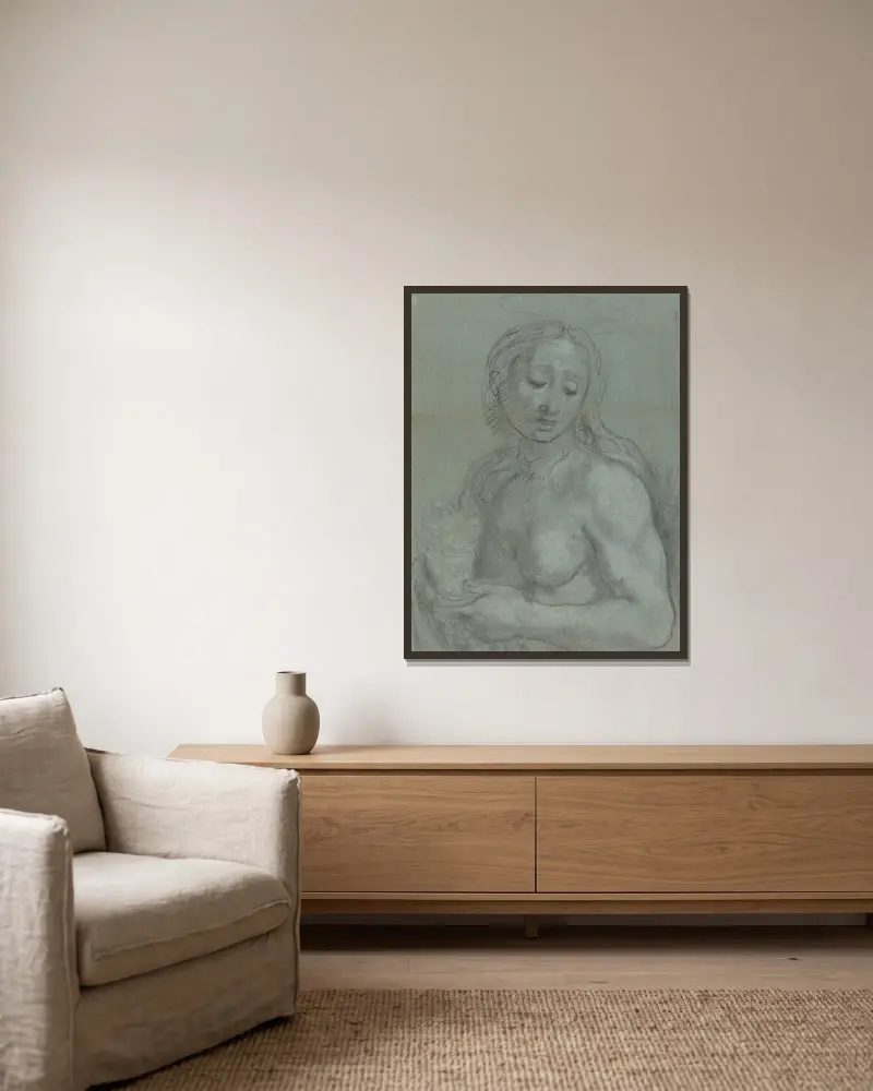 Halbfigur der Maria Magdalena (Versoseite) von Federico Barocci gerahmt an einer Wand